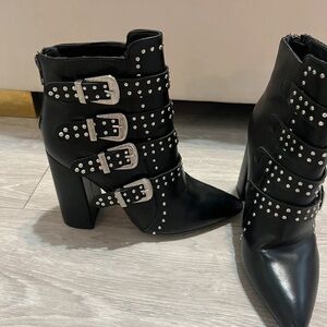 Black Studded Buckle Ankle Boots with Pointed Toe and Block Heel